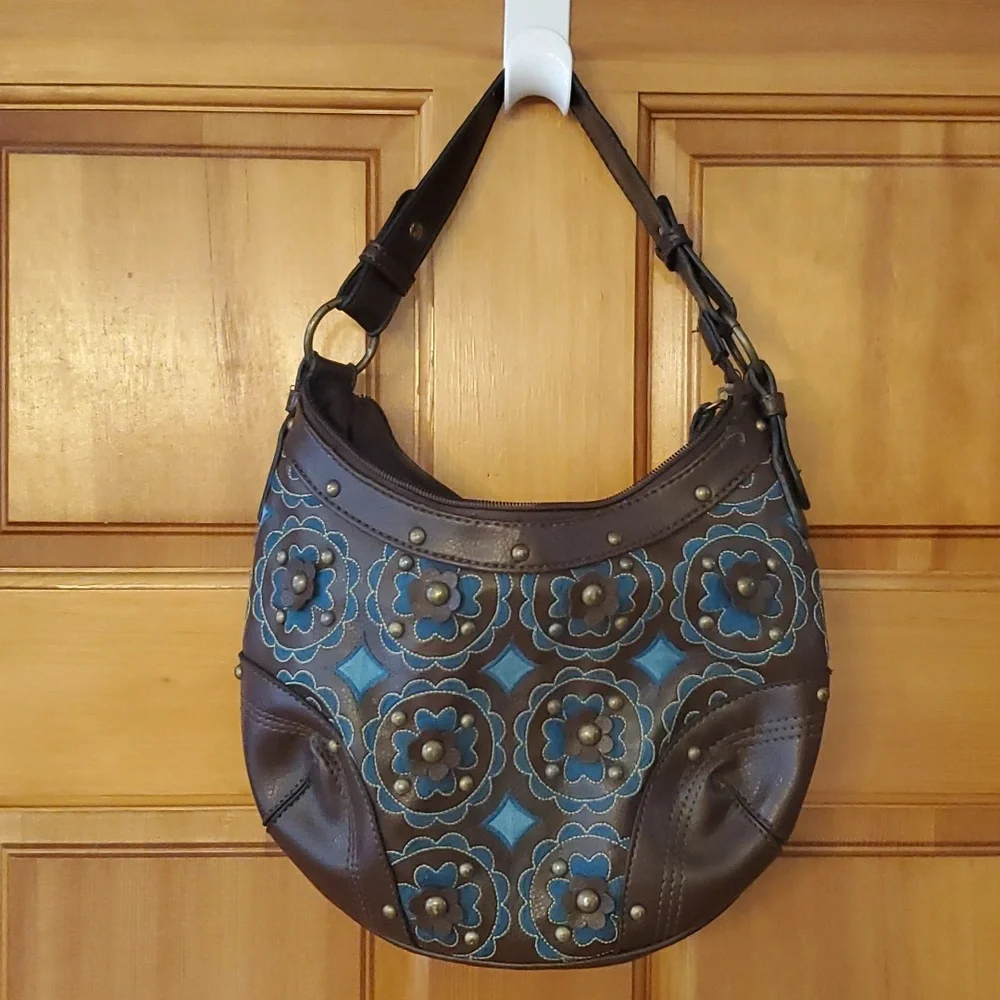Vintage Brown Hobo Purse with‎ Turquoise Floral Embroidered Cutouts and Studs